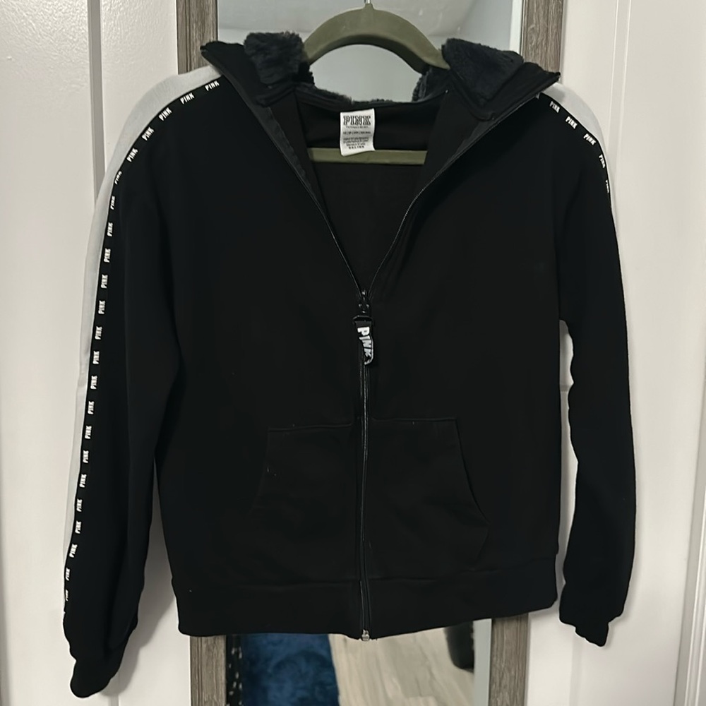PINK brand black with white stripes zip up sweatshirt size XS!